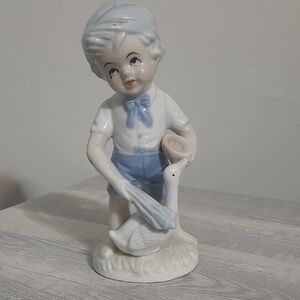 Unique Vintage Blue and White Porcelain Boy with Goose Figurine